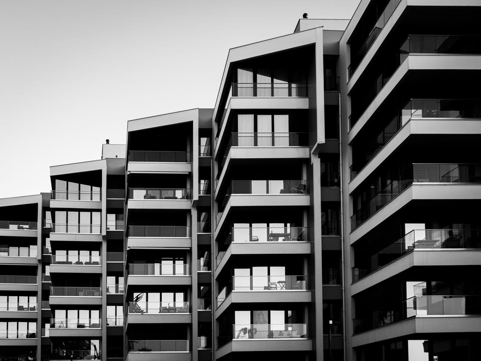 Geometric building facade in black and white