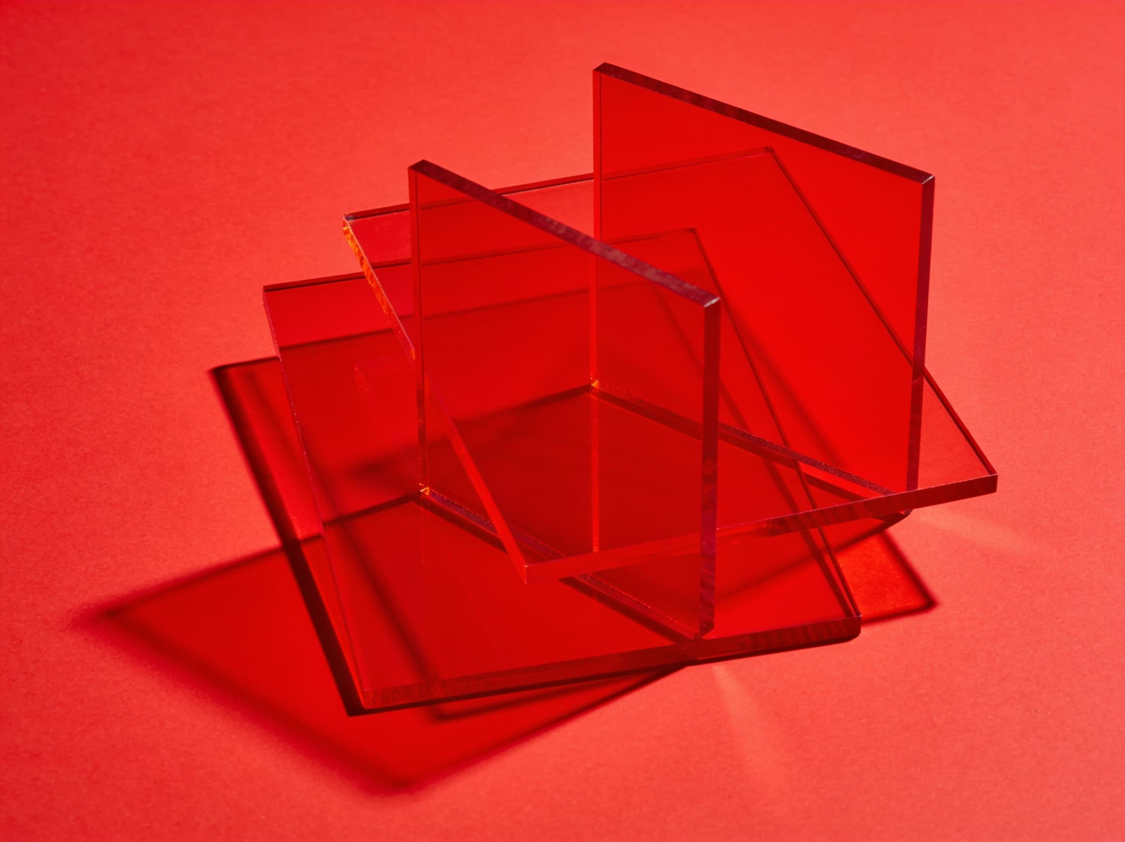 Red translucent acrylic shapes overlapping on a red background