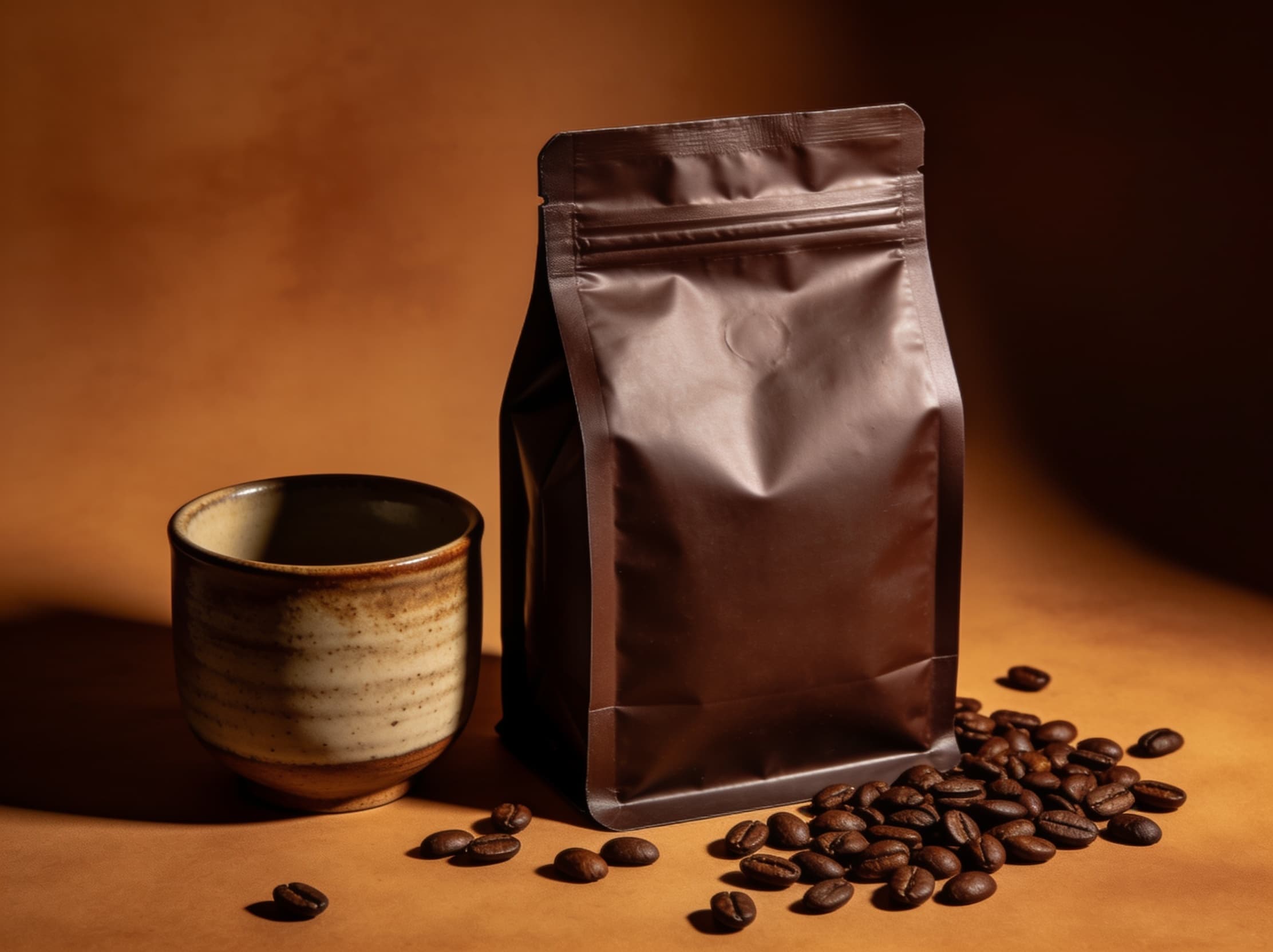 Unlabeled coffee packaging with ceramic cup and scattered beans