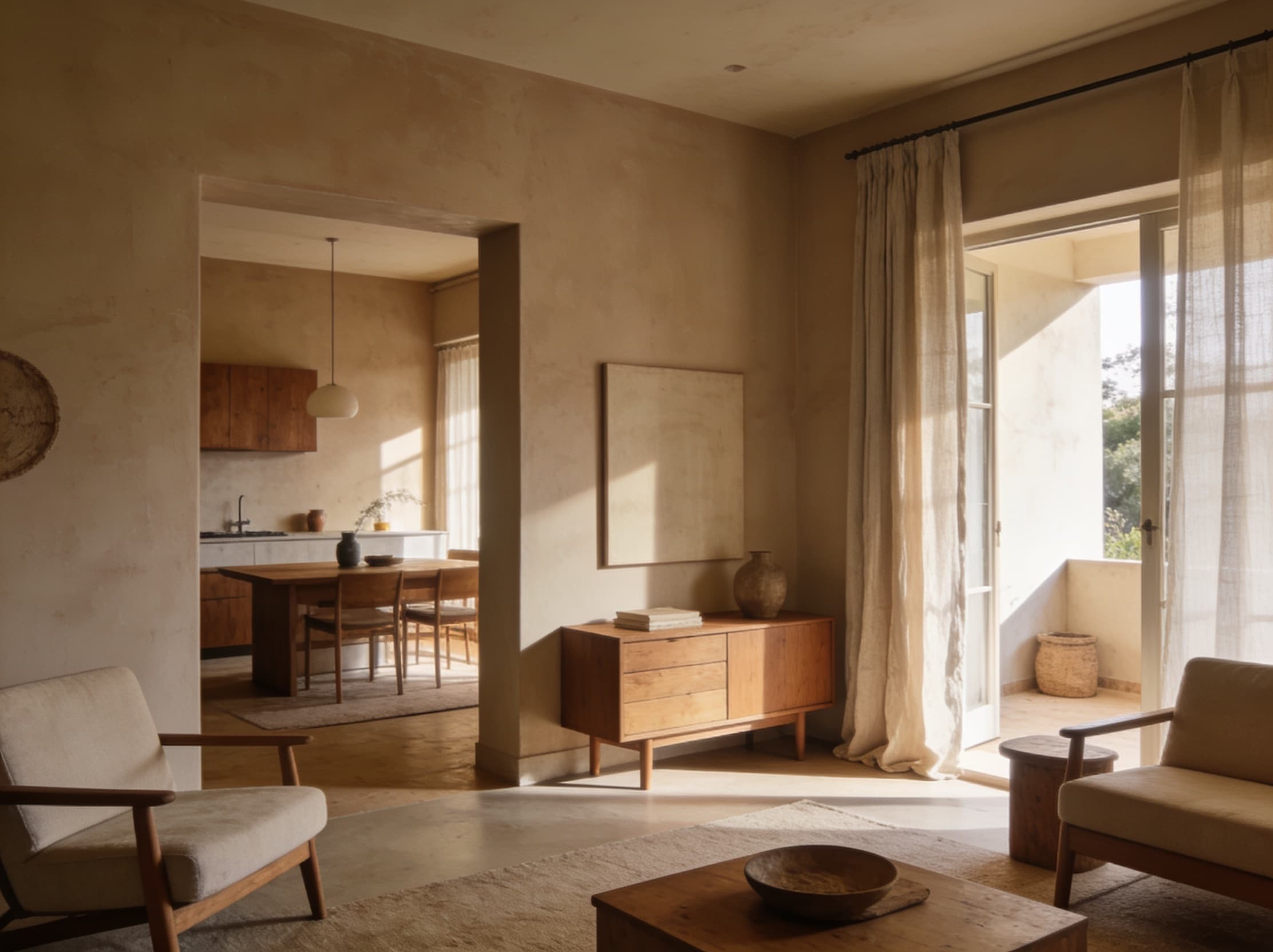 Warm minimalist house interior with taupe plaster and afternoon light
