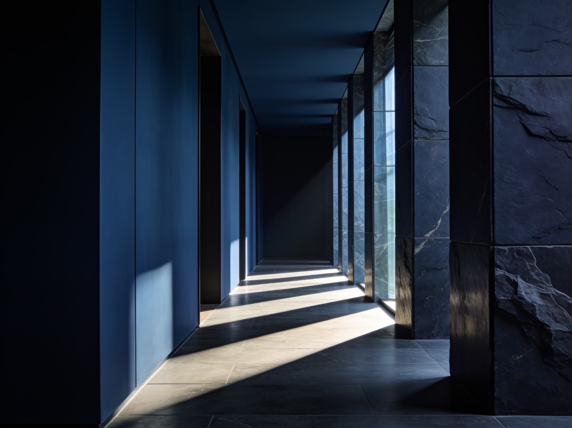Moody navy hotel corridor with dramatic window light