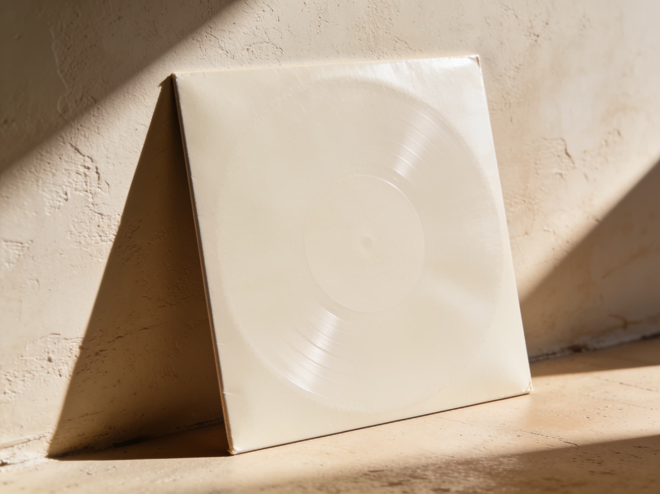 Blank vinyl sleeve in warm bone tones leaning against a plaster wall