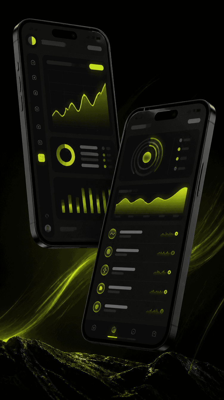 Pulse mobile app — dark analytics screens