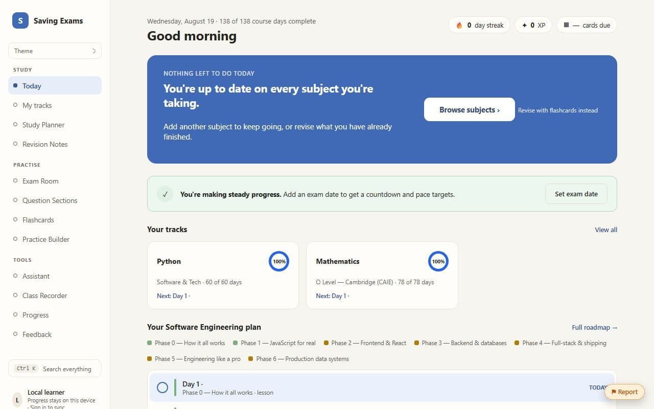 SAVING EXAMS homepage