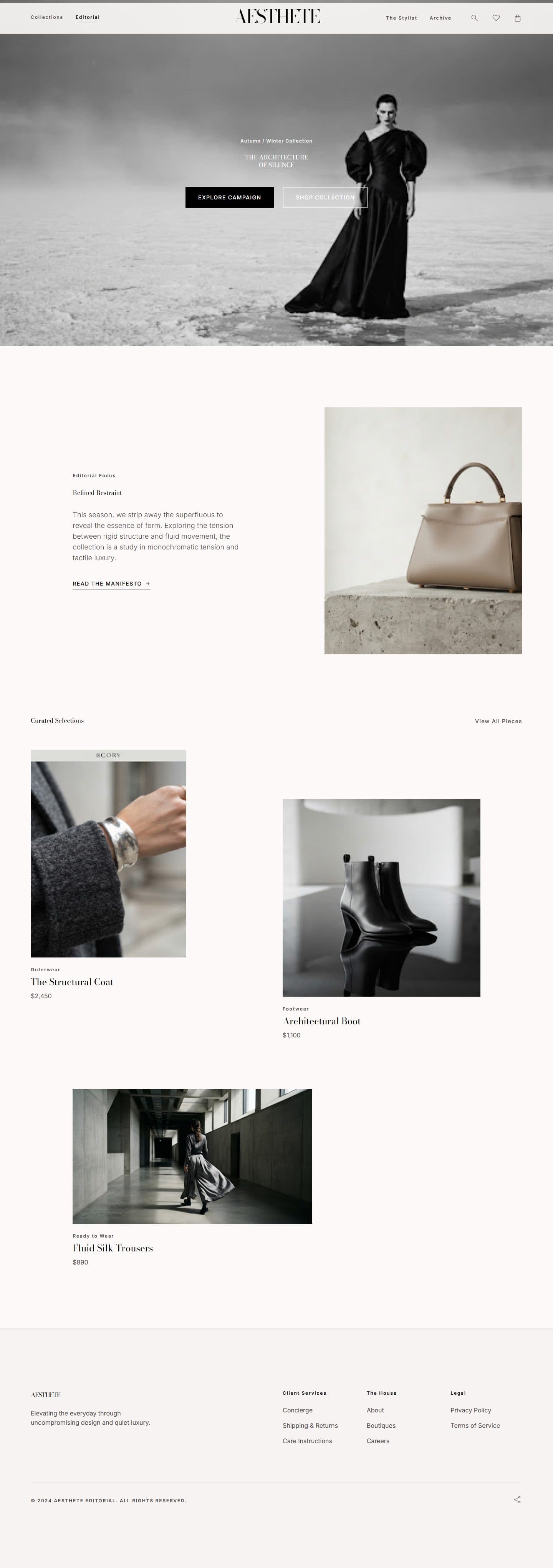 Aesthete — Quiet luxury — Bodoni serif, monochrome, campaign-led