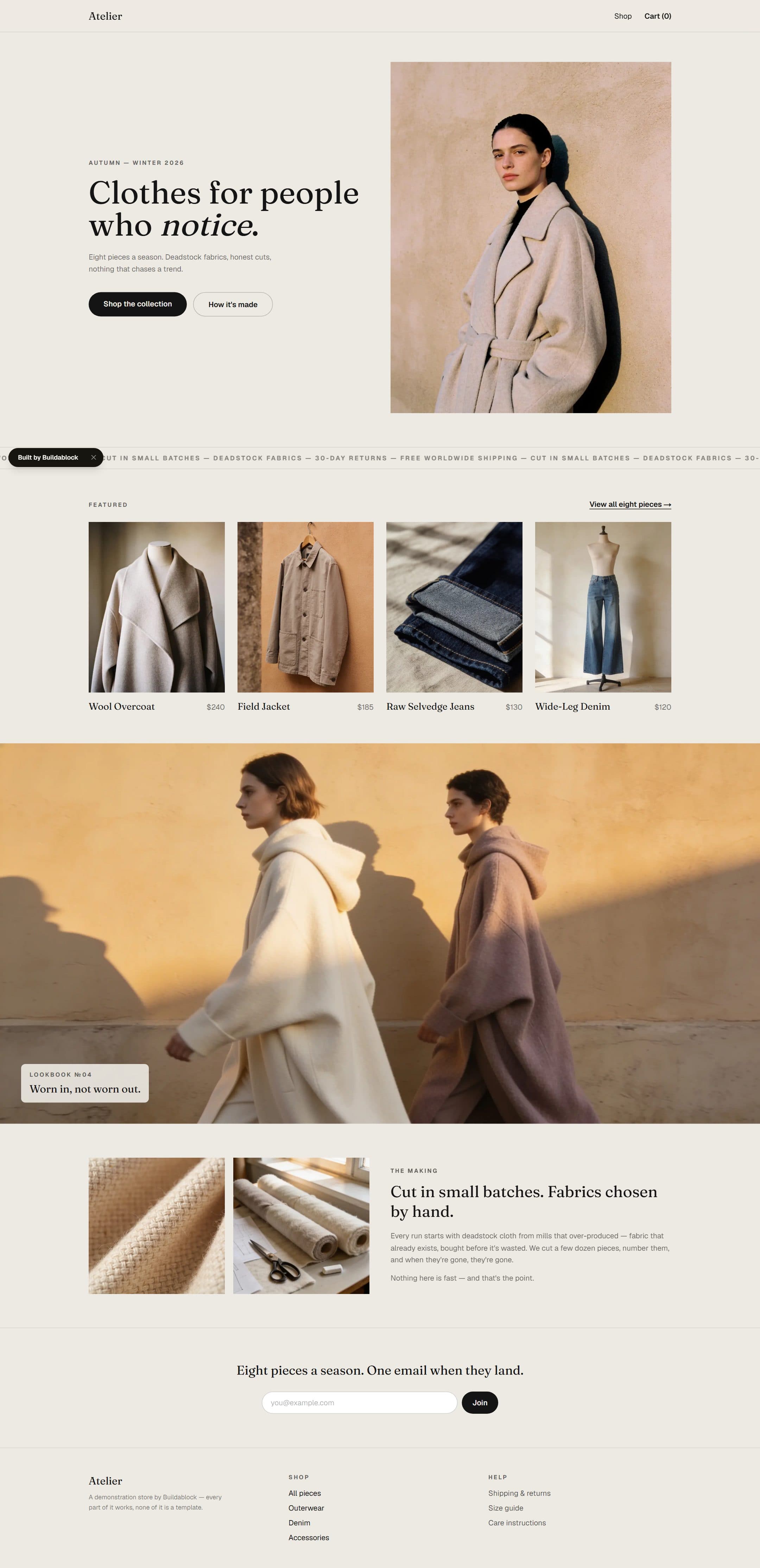 Atelier — Warm editorial — serif display, bone & ink, craft-led