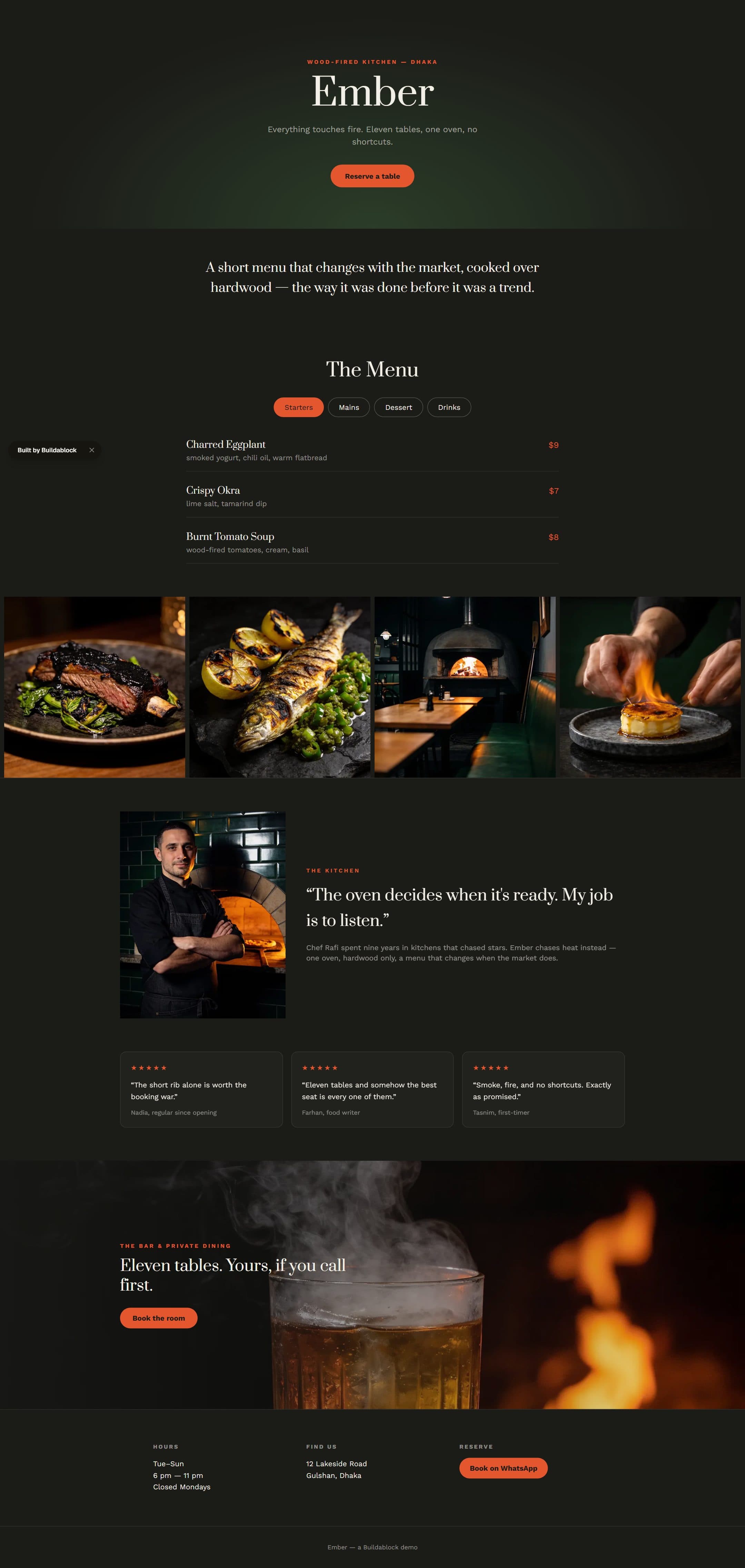 Ember — Warm & appetite-led — charcoal, deep green, fire glow