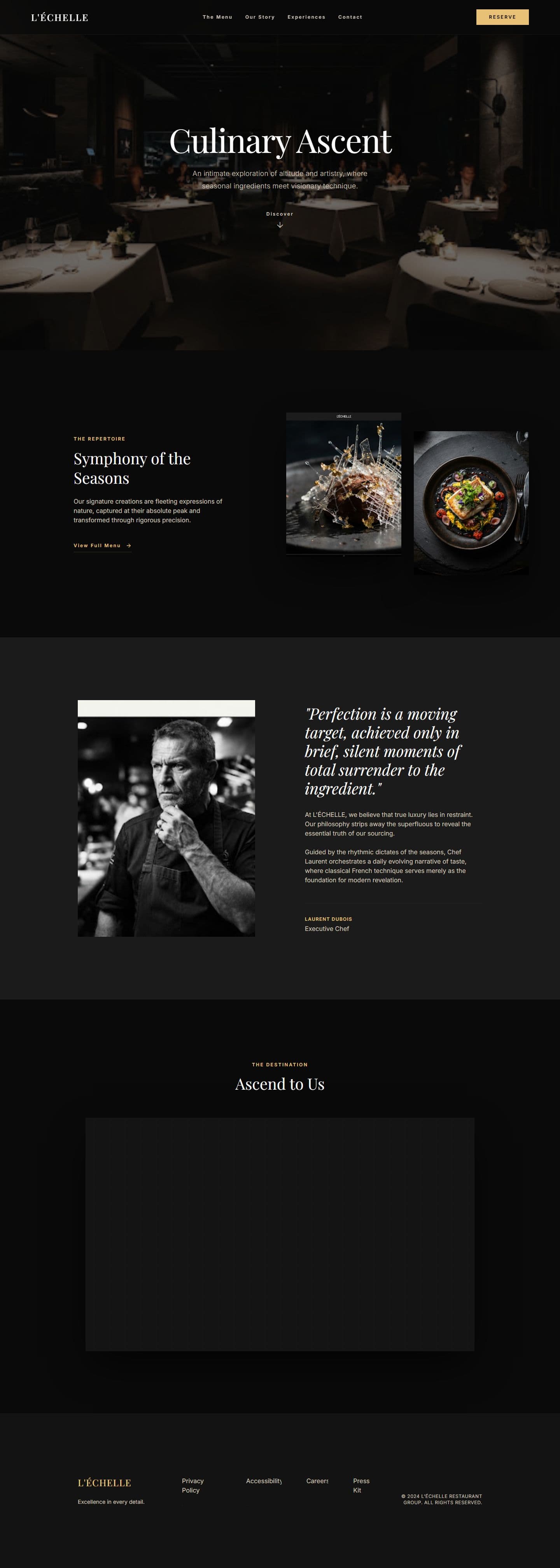 L'Échelle — Fine dining noir — candlelit black, gold accents, French serif