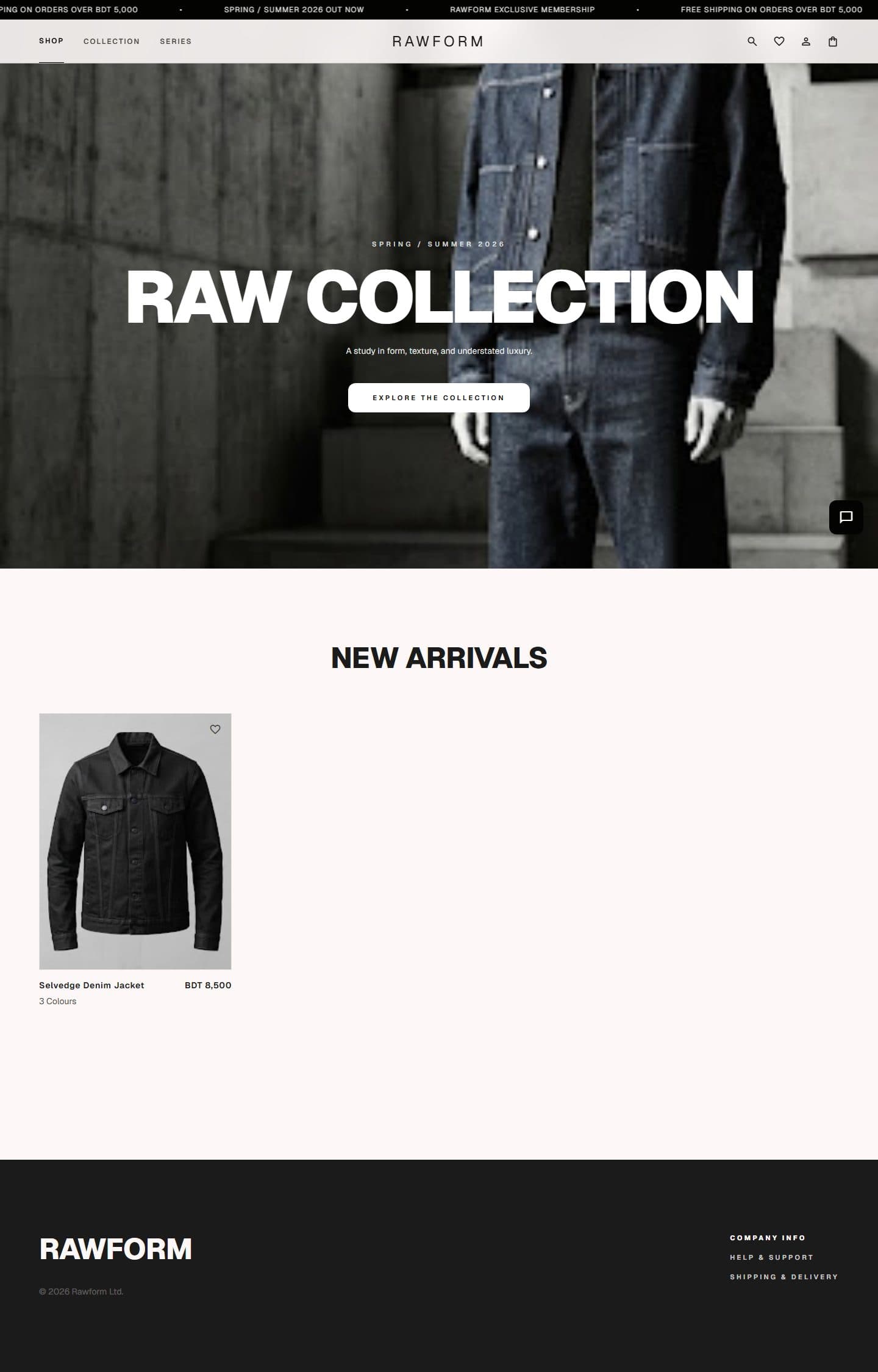 Rawform — Raw utilitarian denim — condensed type, concrete & indigo