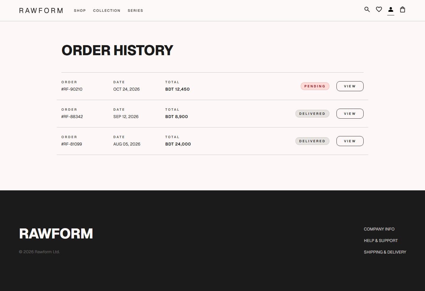 Rawform Account orders design