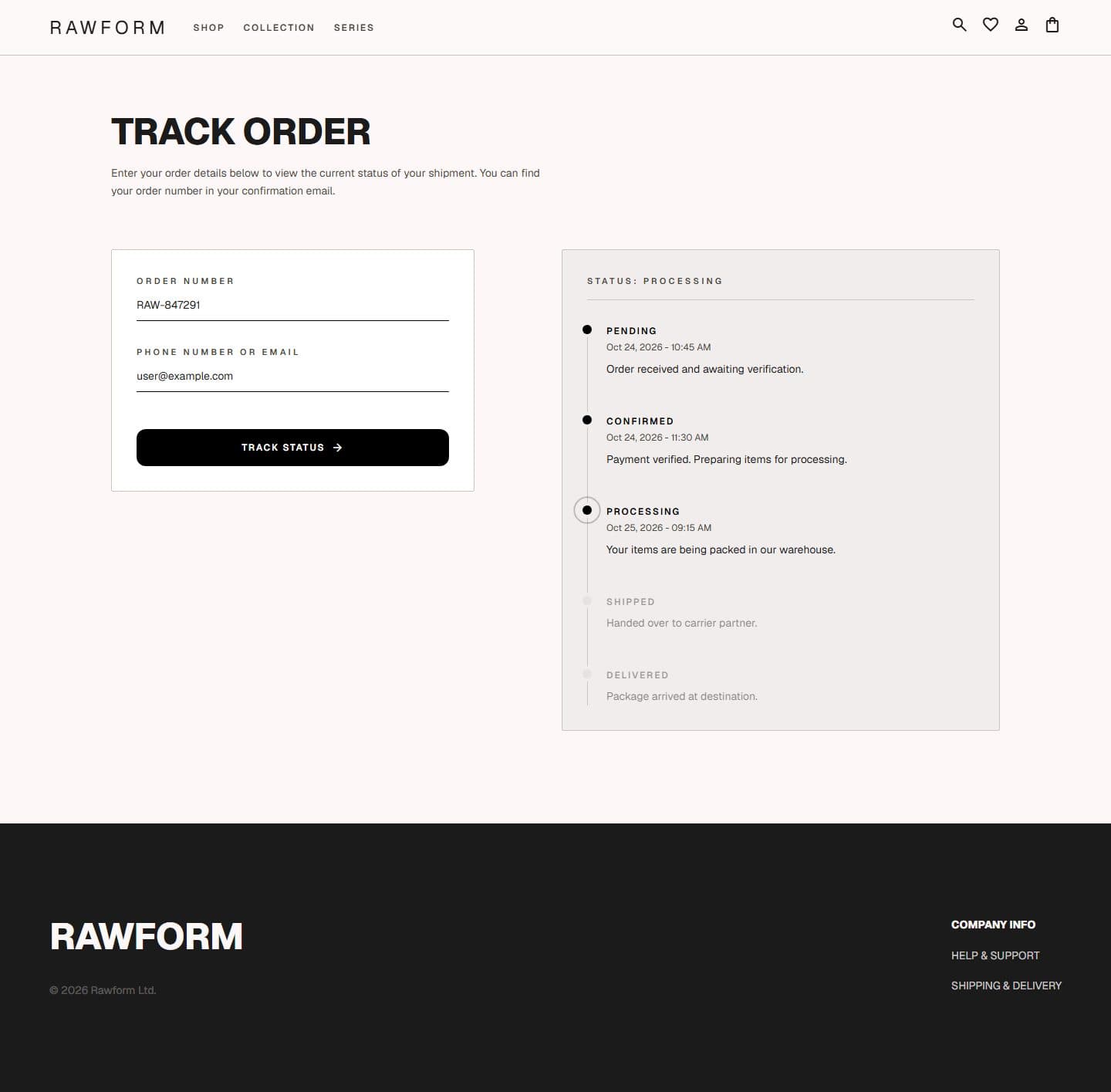 Rawform Order tracking design