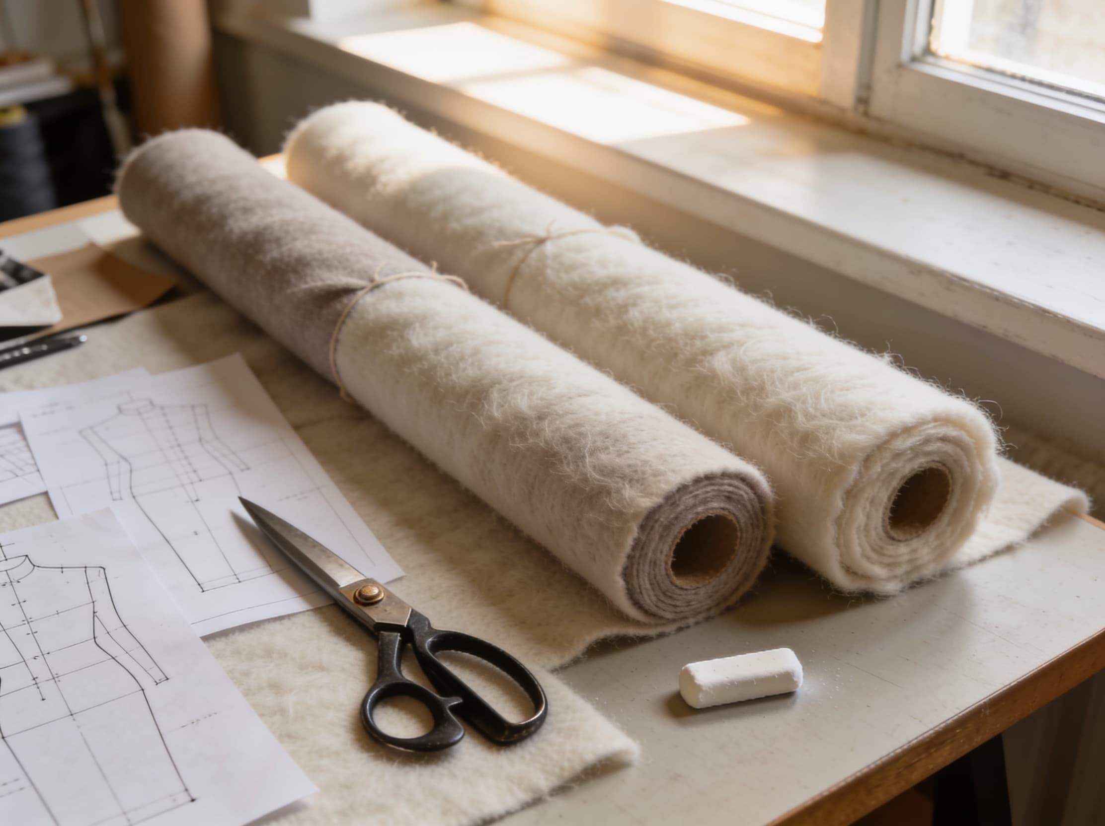 Tailor's worktable with shears, fabric rolls and paper patterns