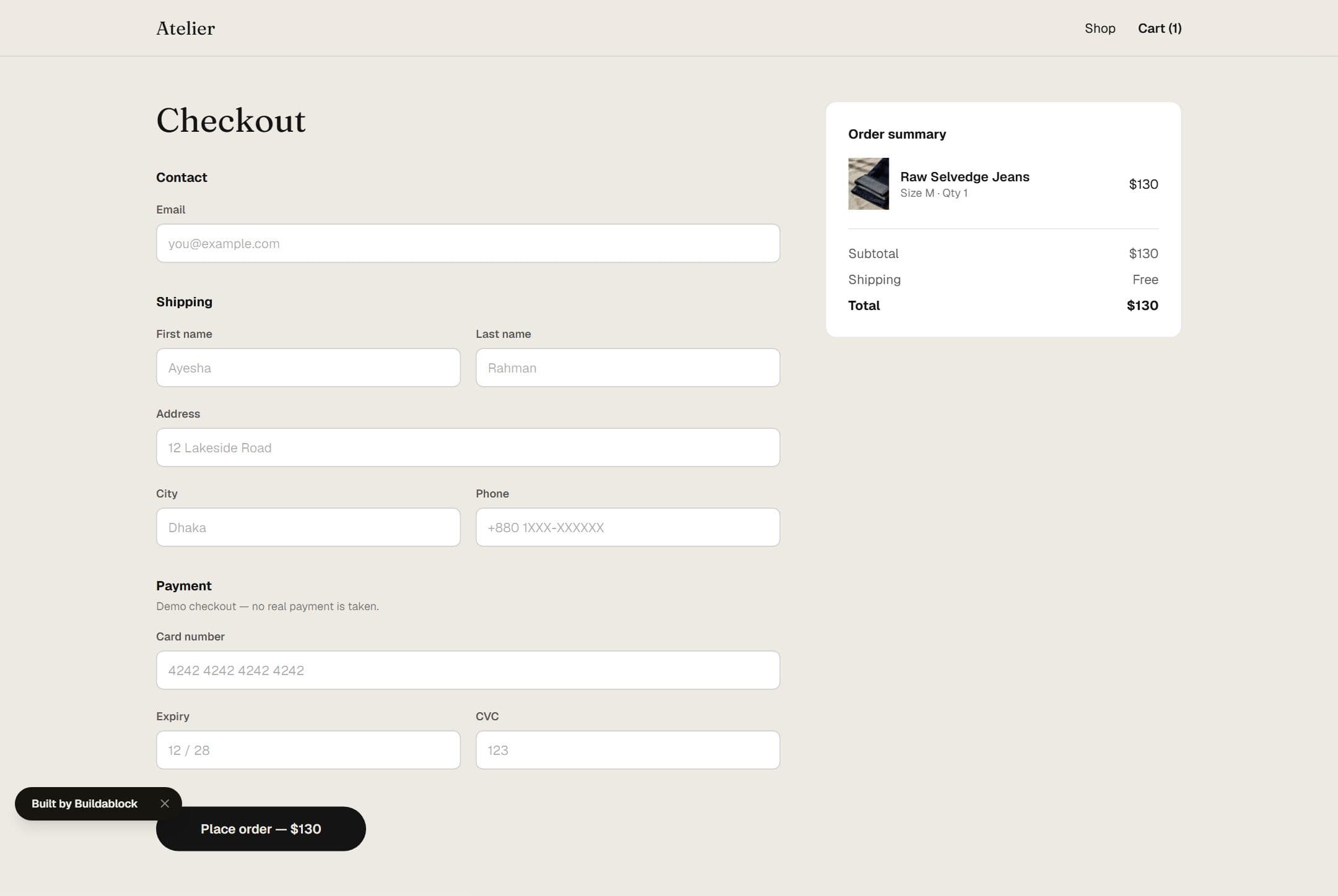 Atelier Checkout design