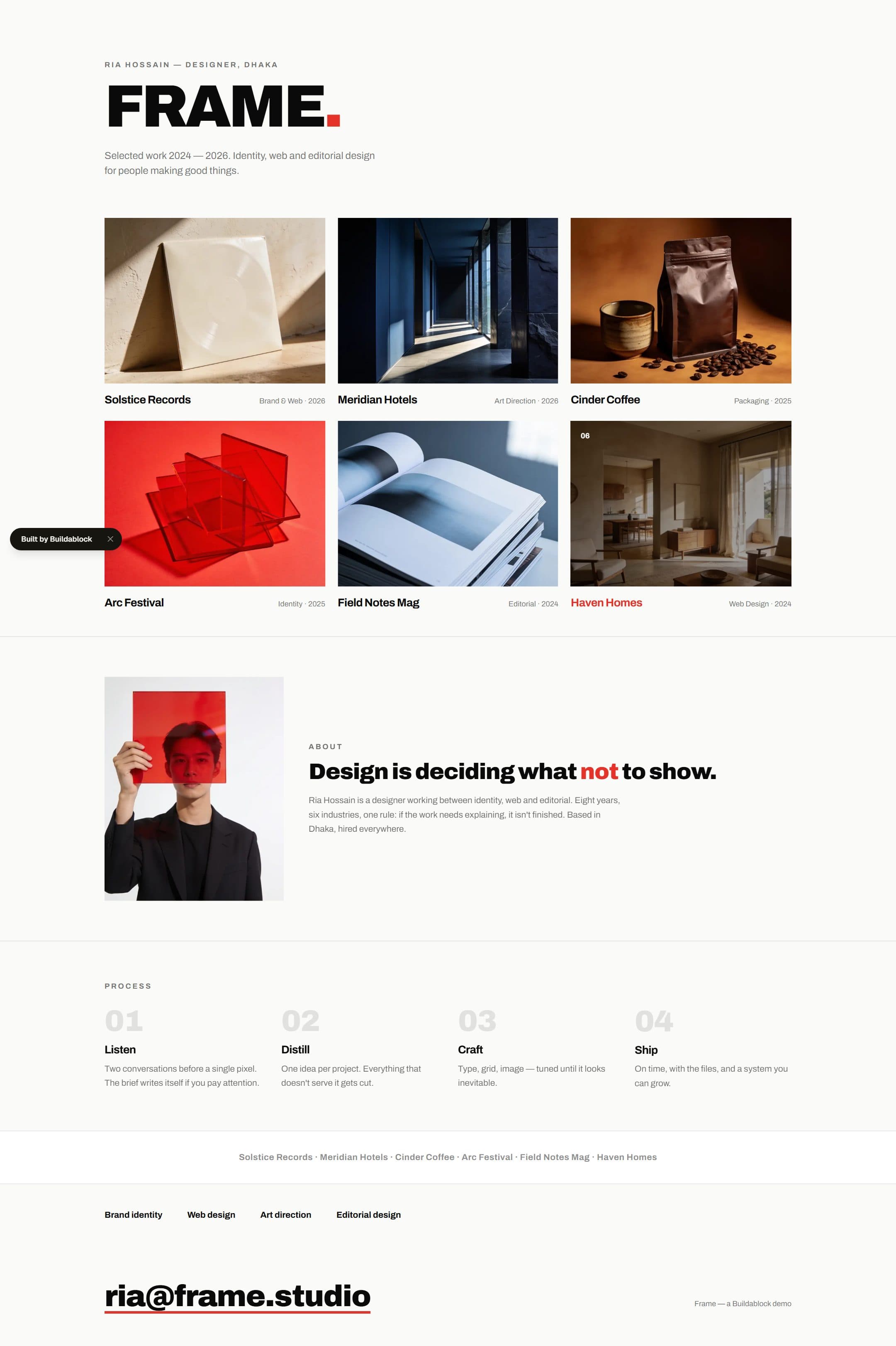 Frame — Typography-led minimal — huge grotesk, one red accent