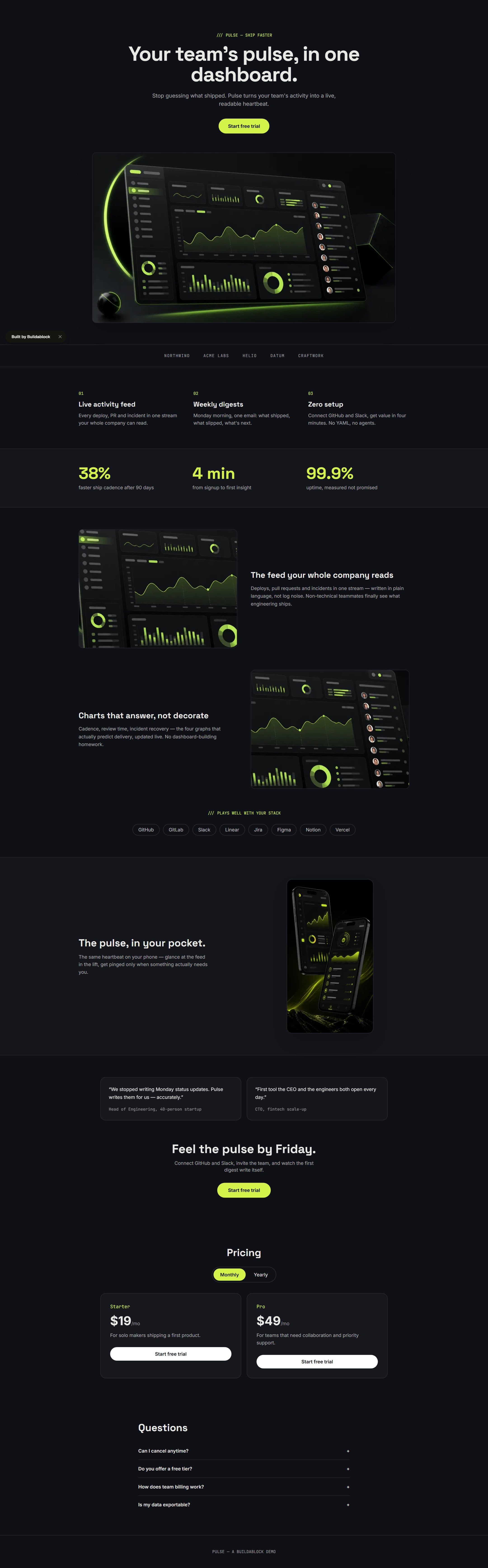 Pulse — Dark technical — mono labels, electric accent